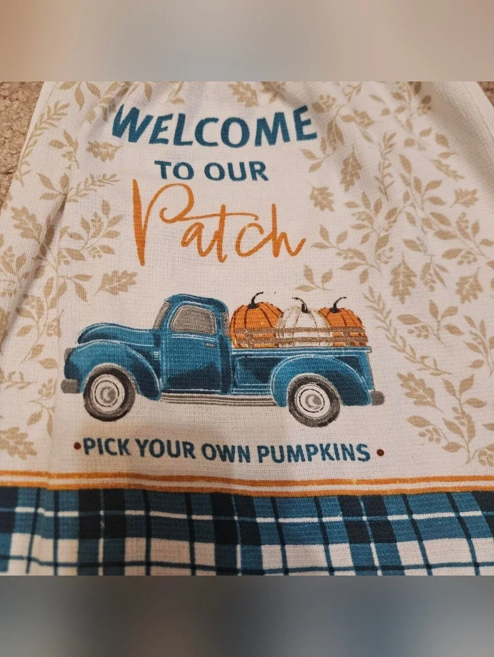 2 Handcrafted Potholders Attached To Towels | Blue, White, Orange, Tan | Pumpkin